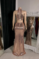 Sexy Mermaid Sleeveless Sequined Halter Prom Dress with Slit-27dress