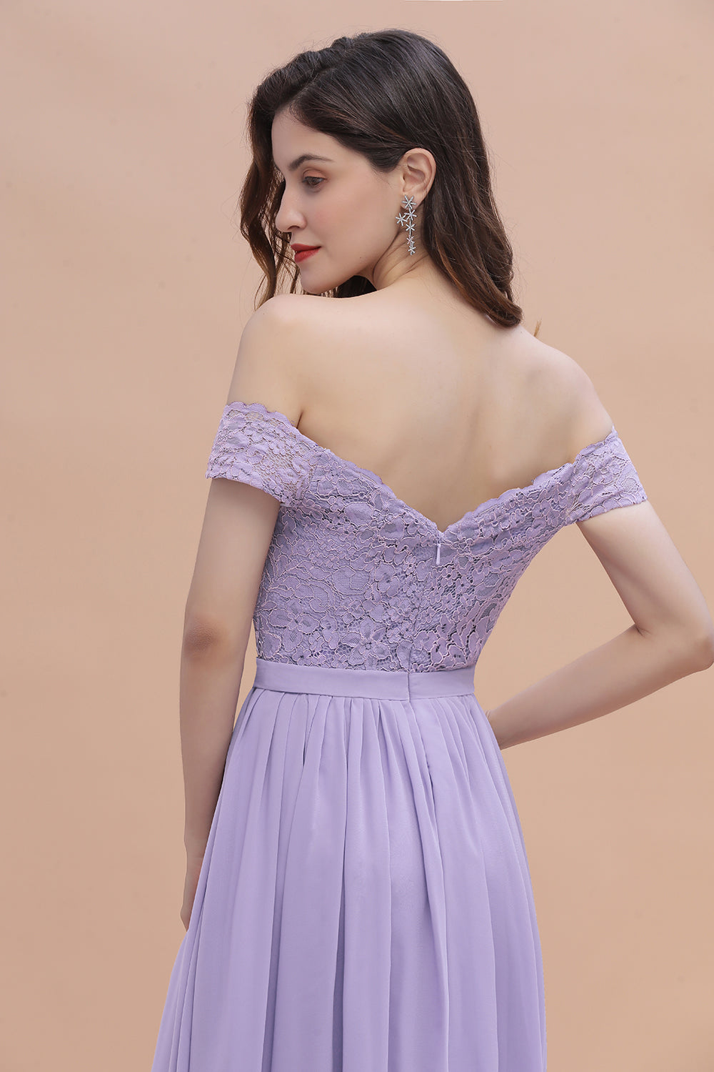 Sexy Off-the-Shoulder Lace Chiffon Ruffles Bridesmaid Dress with Slit On Sale-27dress