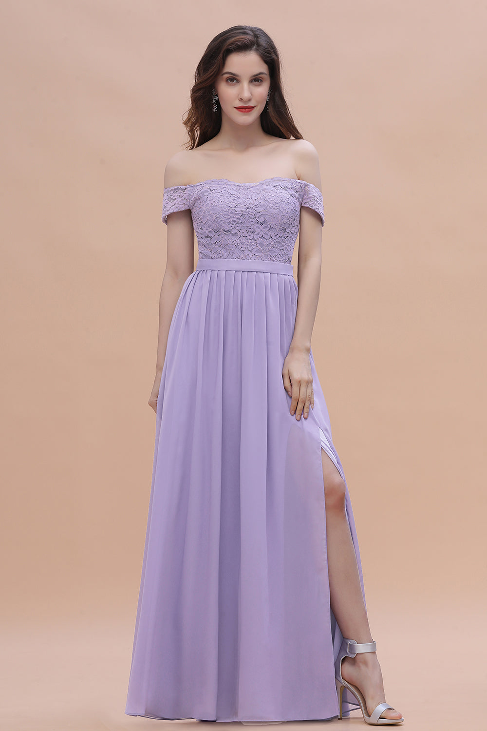 Sexy Off-the-Shoulder Lace Chiffon Ruffles Bridesmaid Dress with Slit On Sale-27dress
