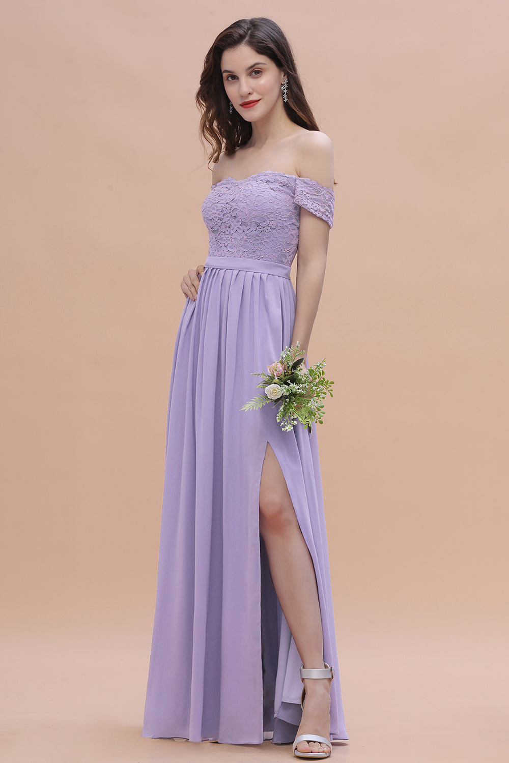 Sexy Off-the-Shoulder Lace Chiffon Ruffles Bridesmaid Dress with Slit On Sale-27dress
