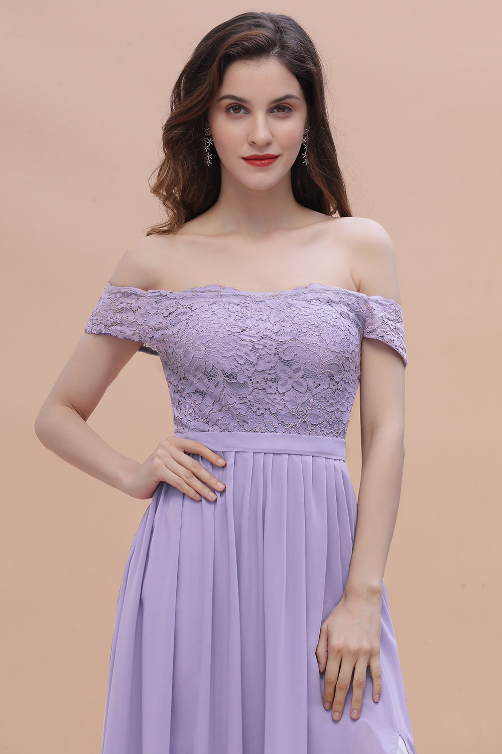 Sexy Off-the-Shoulder Lace Chiffon Ruffles Bridesmaid Dress with Slit On Sale-27dress