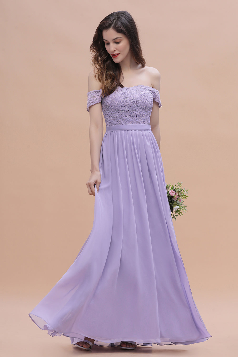 Sexy Off-the-Shoulder Lace Chiffon Ruffles Bridesmaid Dress with Slit On Sale-27dress