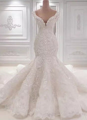 Sexy Off-the-shoulder White Lace Wedding Dresses With Appliques A-line Mermaid Bridal Gowns On Sale-27dress
