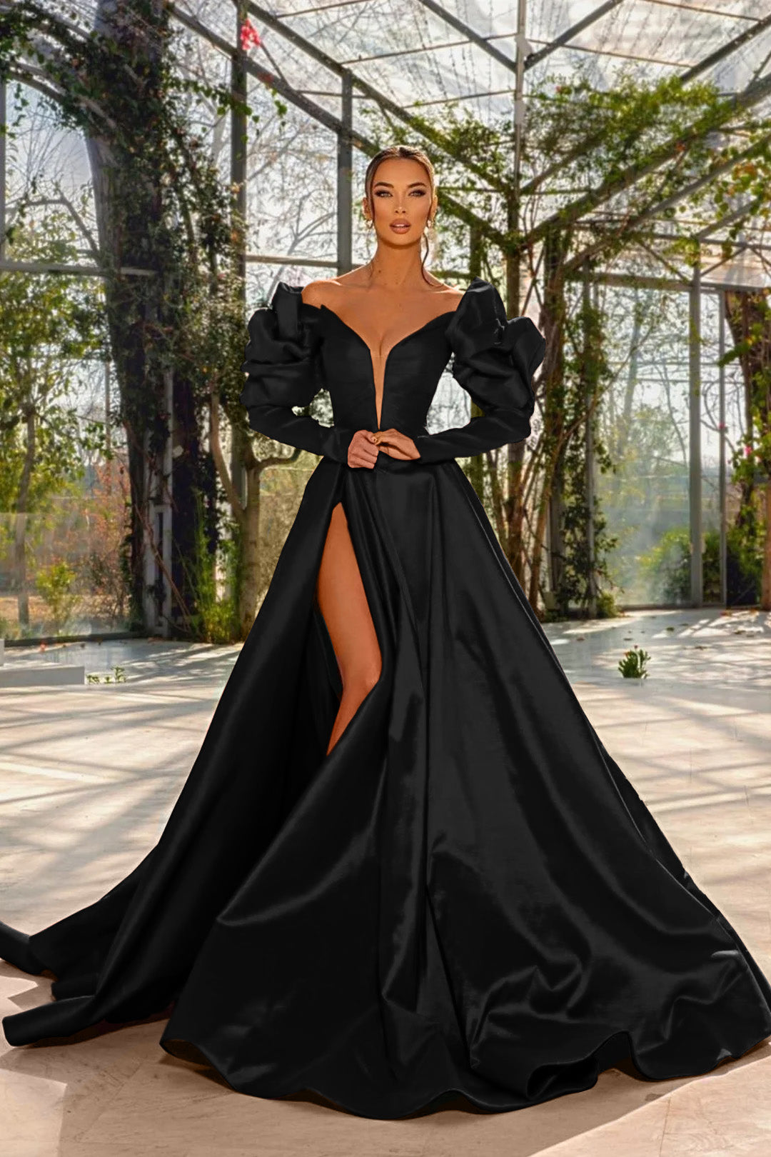 Sexy Prom Dress Red V Neck Bubble Long Sleeves With High Split