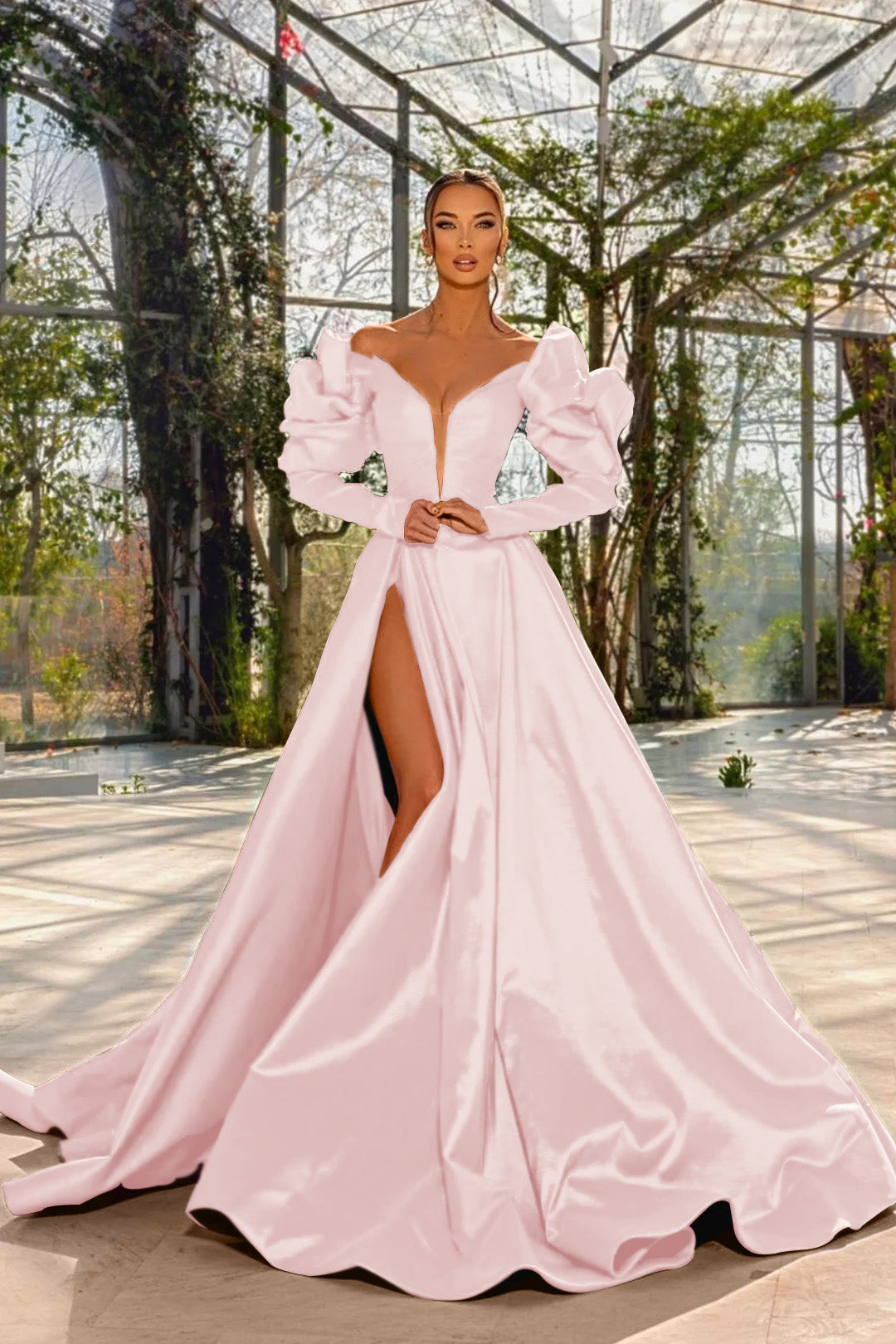 Sexy Prom Dress Red V Neck Bubble Long Sleeves With High Split