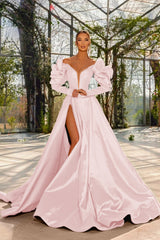 Sexy Prom Dress Red V Neck Bubble Long Sleeves With High Split