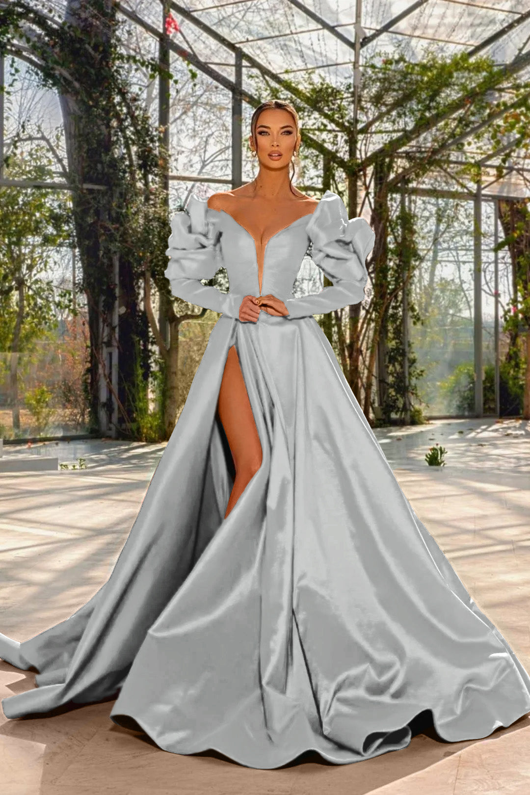 Sexy Prom Dress Red V Neck Bubble Long Sleeves With High Split