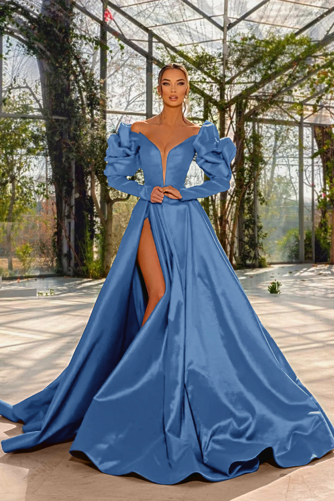 Sexy Prom Dress Red V Neck Bubble Long Sleeves With High Split