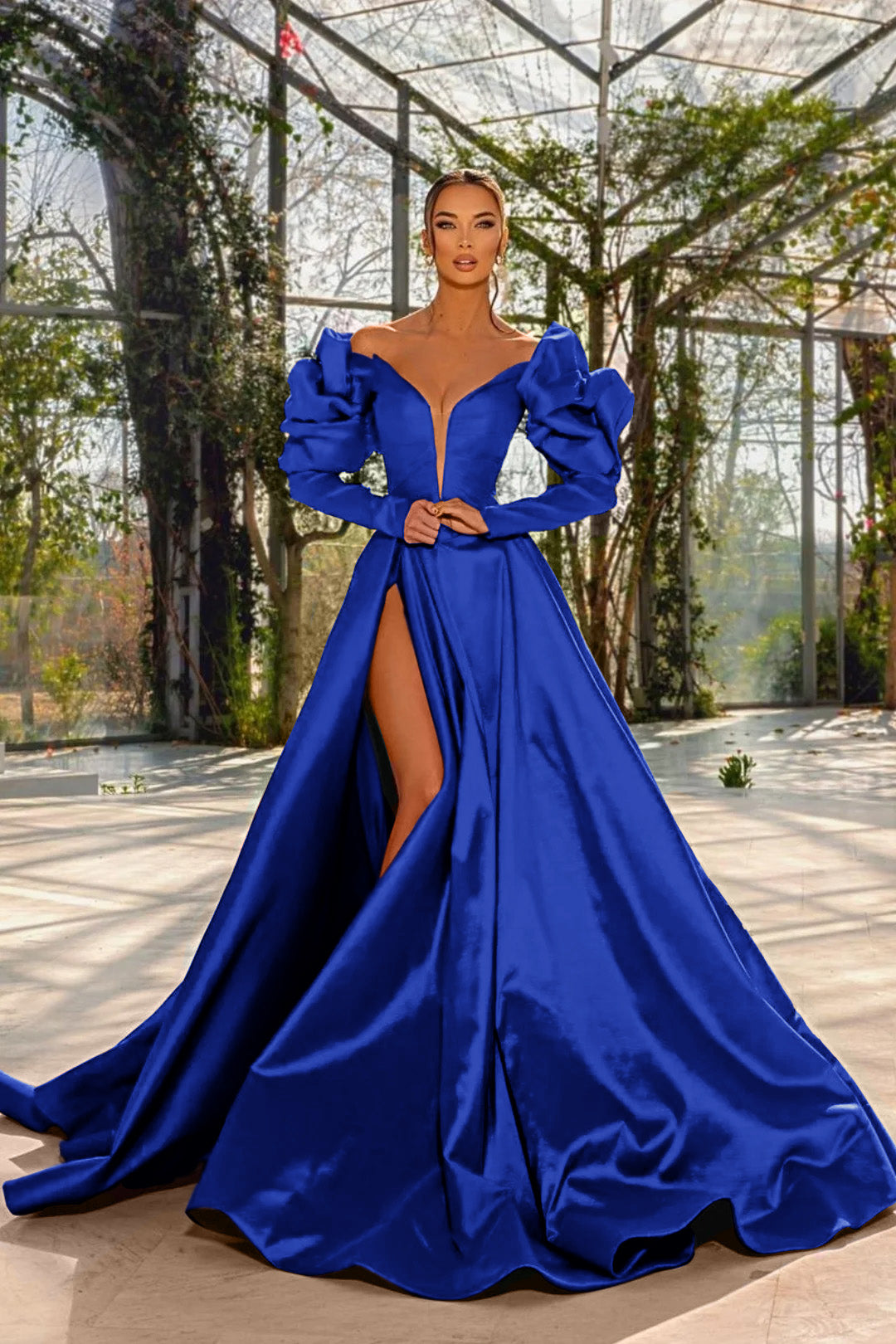 Sexy Prom Dress Red V Neck Bubble Long Sleeves With High Split