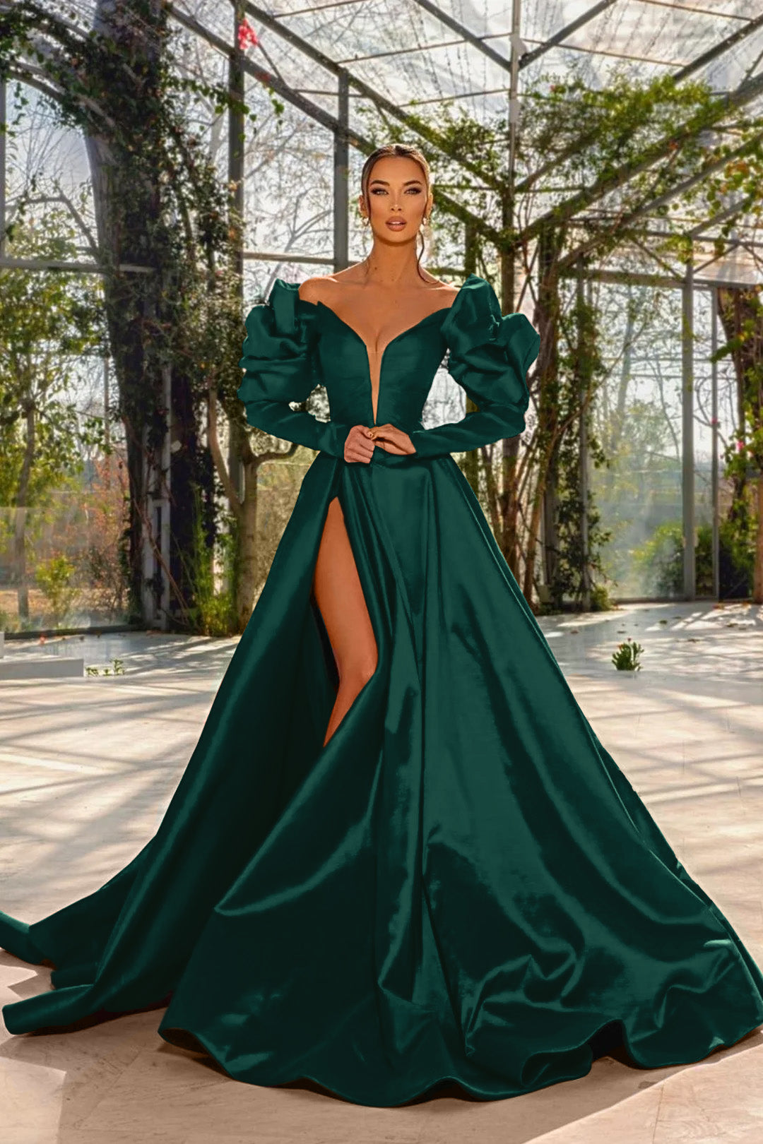 Sexy Prom Dress Red V Neck Bubble Long Sleeves With High Split