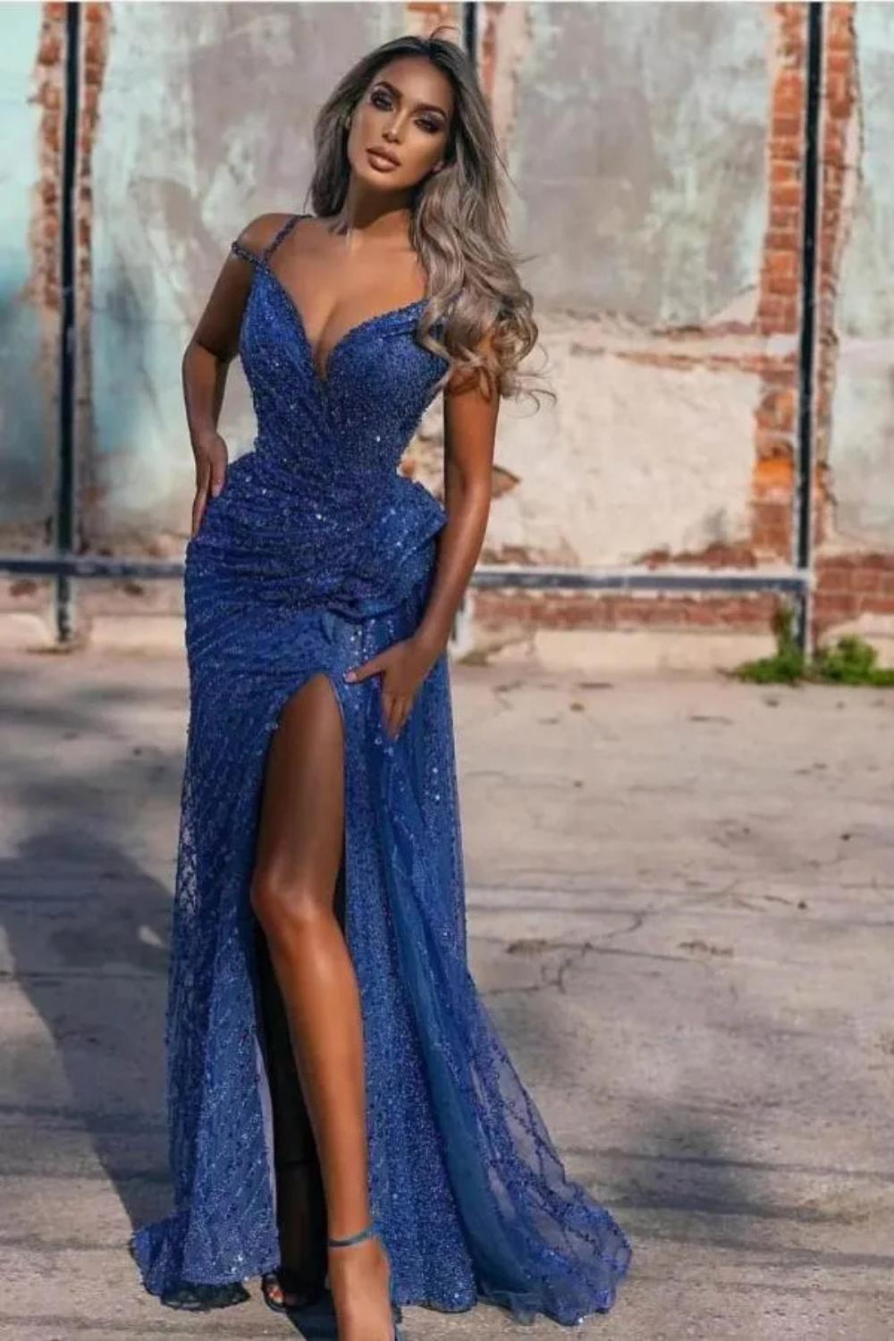 Sexy Royal Blue V-neck Off-the-shoulder Sequined Prom Dress With Slit-27dress