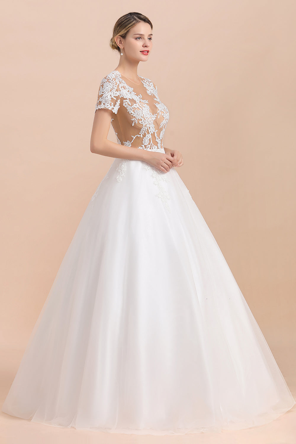 Sexy See Through Tulle Appliques Short Sleeves Wedding Dress-27dress