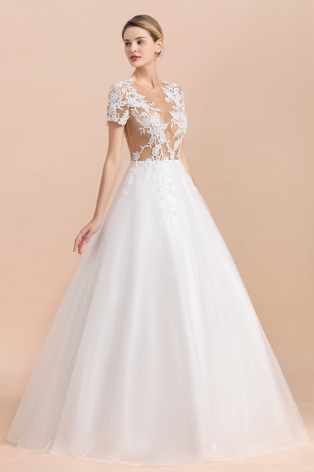 Sexy See Through Tulle Appliques Short Sleeves Wedding Dress-27dress