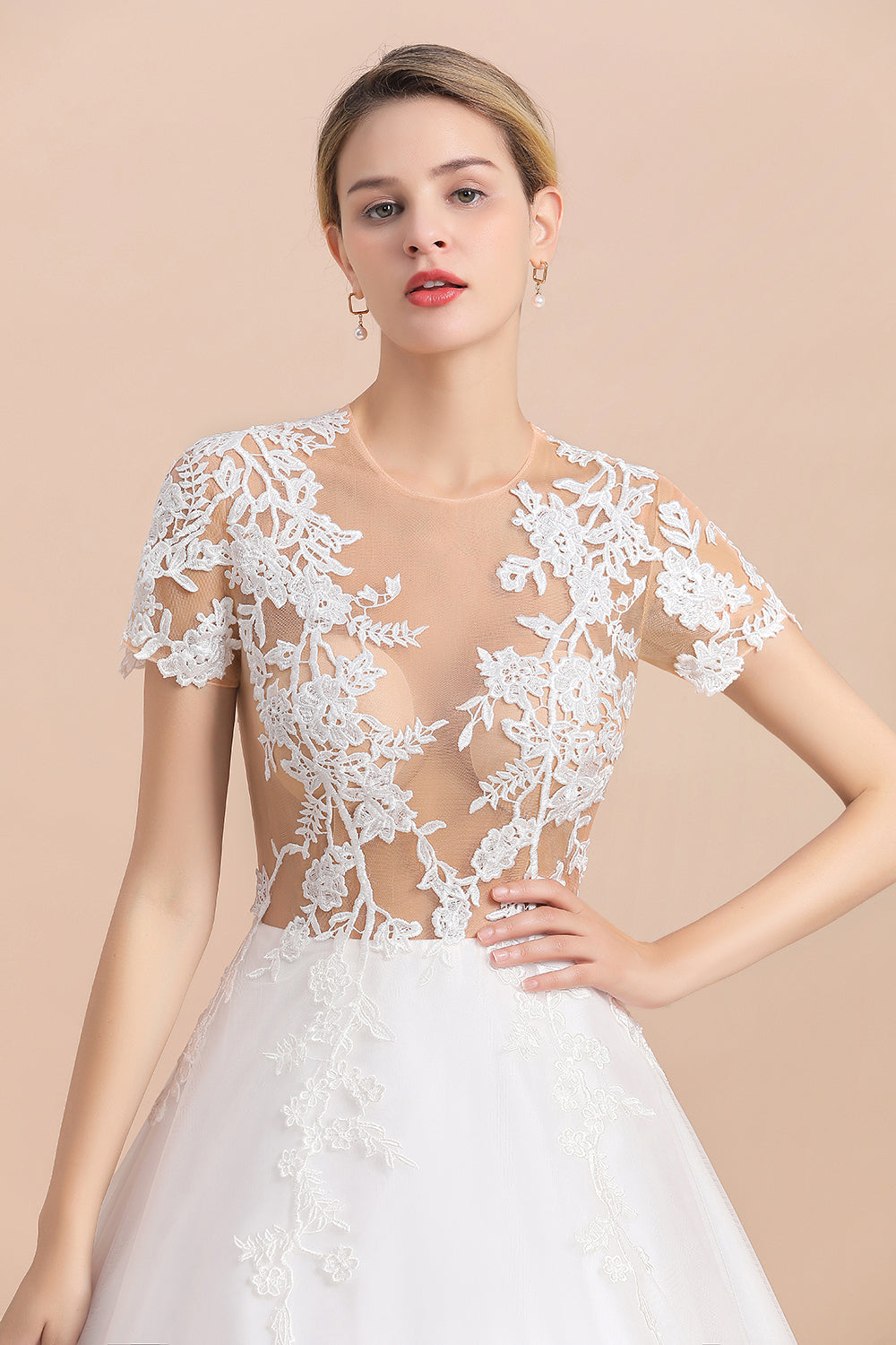 Sexy See Through Tulle Appliques Short Sleeves Wedding Dress-27dress