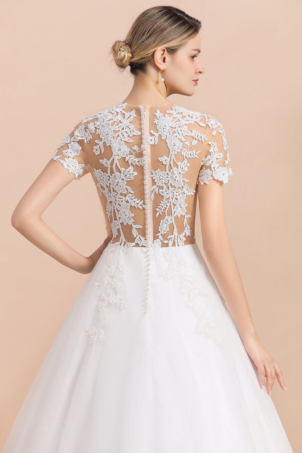 Sexy See Through Tulle Appliques Short Sleeves Wedding Dress-27dress