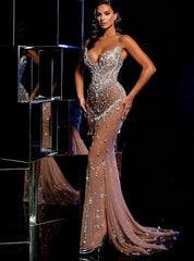 Sexy Sleeveless Mermaid Tull Evening Dress with Beaded-27dress