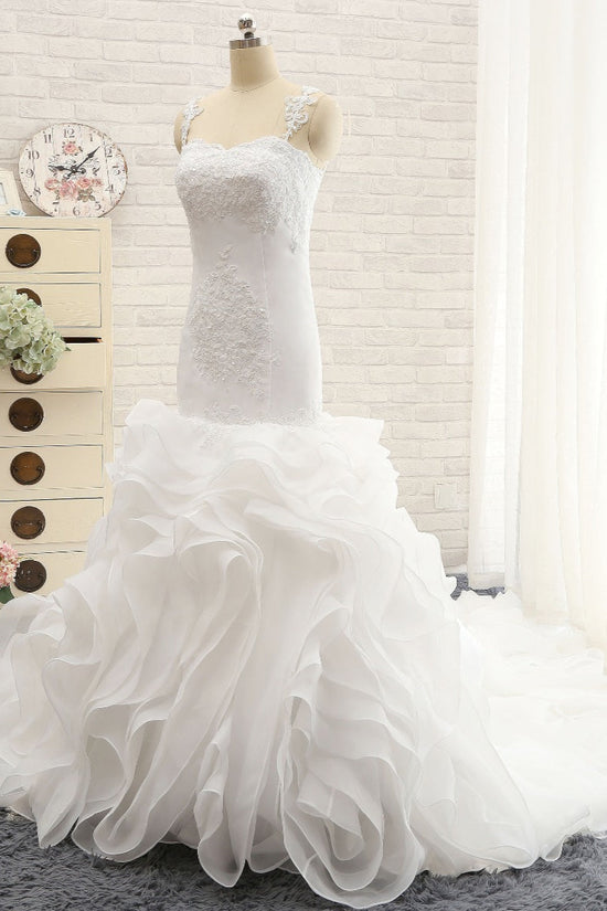 Sexy Sleeveless Straps Ruffles Wedding Dresses With Appliques White Mermaid Satin Bridal Gowns Online-27dress