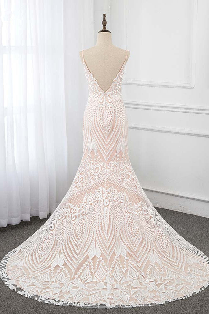 Sexy Spaghetti Straps Appliques Ivory Wedding Dresses V-Neck Sleeveless Bridal Gowns-27dress