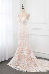 Sexy Spaghetti Straps Appliques Ivory Wedding Dresses V-Neck Sleeveless Bridal Gowns-27dress