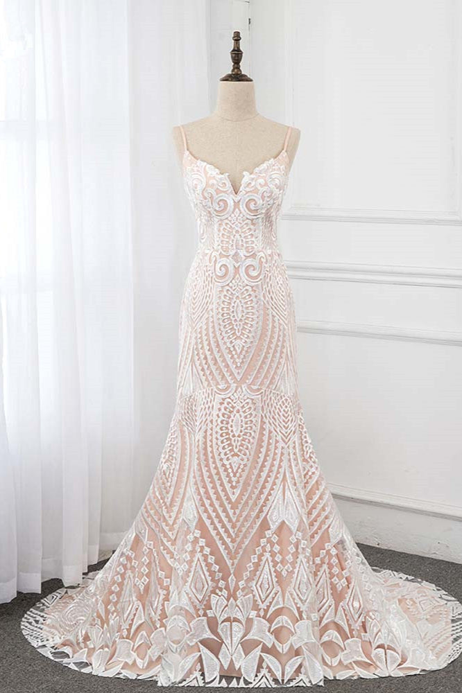 Sexy Spaghetti Straps Appliques Ivory Wedding Dresses V-Neck Sleeveless Bridal Gowns-27dress