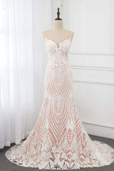 Sexy Spaghetti Straps Appliques Ivory Wedding Dresses V-Neck Sleeveless Bridal Gowns-27dress
