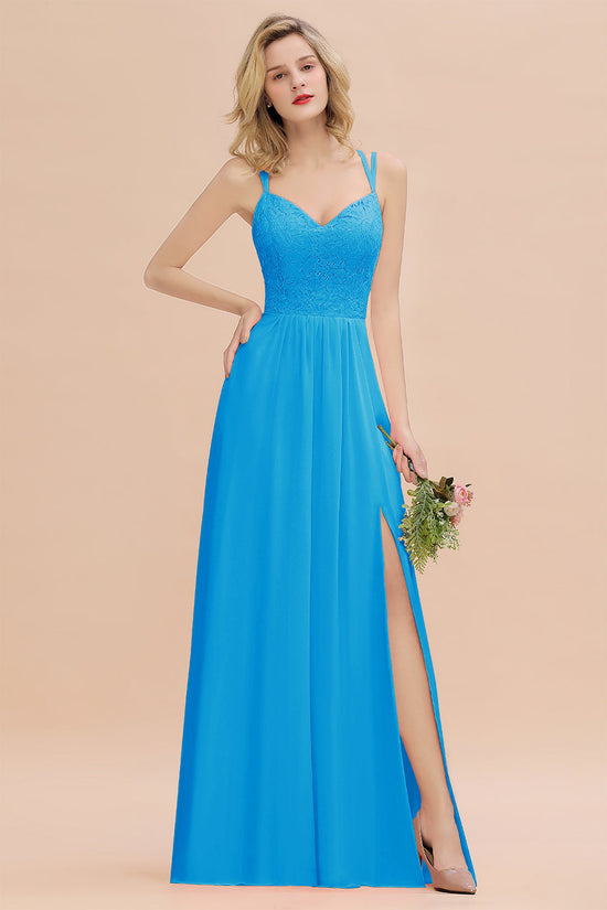 Sexy Spaghetti-Straps Coral Lace Bridesmaid Dresses with Slit-27dress