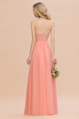 Sexy Spaghetti-Straps Coral Lace Bridesmaid Dresses with Slit-27dress