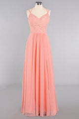 Sexy Spaghetti-Straps Coral Lace Bridesmaid Dresses with Slit-27dress