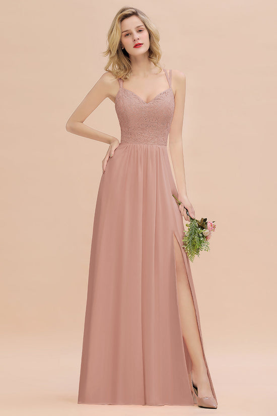 Load image into Gallery viewer, Sexy Spaghetti-Straps Coral Lace Bridesmaid Dresses with Slit-27dress
