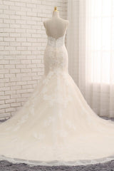 Sexy Spaghetti Straps Mermaid Wedding Dresses Sleeveless Lace Bridal Gowns With Appliques Online-27dress