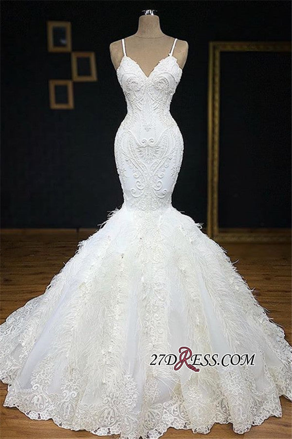 Sexy Spaghetti Straps Sleeveless White Wedding Dresses With Appliques Mermaid Sleeveless Bridal Gowns On Sale-27dress