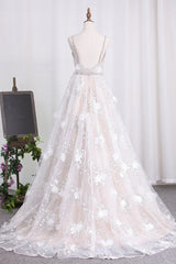 Sexy Spaghetti Straps Tulle Wedding Dress Backless Lace Beadings Bridal Gowns with Flowers-27dress