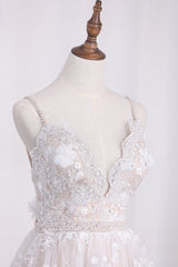 Sexy Spaghetti Straps Tulle Wedding Dress Backless Lace Beadings Bridal Gowns with Flowers-27dress