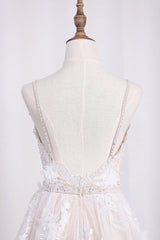 Sexy Spaghetti Straps Tulle Wedding Dress Backless Lace Beadings Bridal Gowns with Flowers-27dress