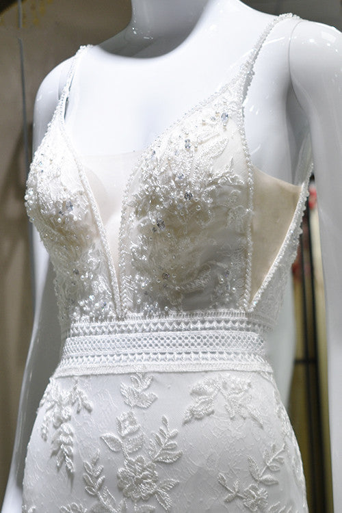 Sexy Spaghetti-Straps Tulle Wedding Dress V-Neck Sleeveless Appliques Beading Bridal Gowns On Sale-27dress
