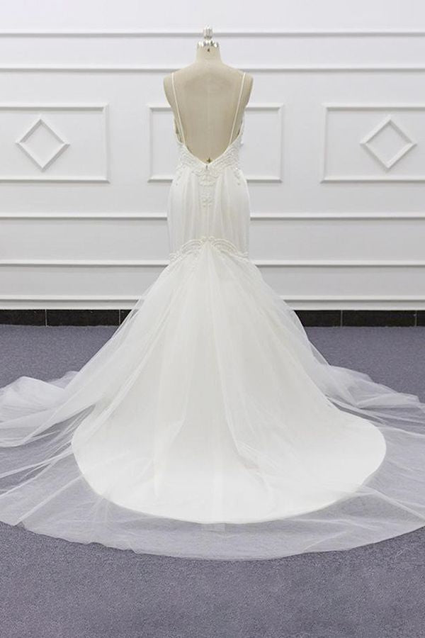 Load image into Gallery viewer, Sexy Spaghetti Straps White Mermaid Wedding Dresses Tulle Sleeveless Bridal Gowns With Appliques On Sale-27dress
