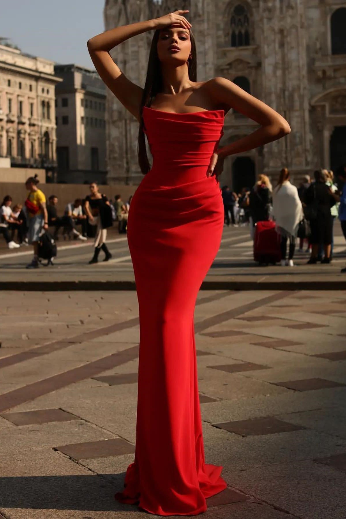 Sexy Strapless Prom Dress Red Sleeveless Pleated With Mermaid