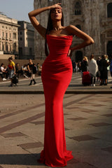 Sexy Strapless Prom Dress Red Sleeveless Pleated With Mermaid
