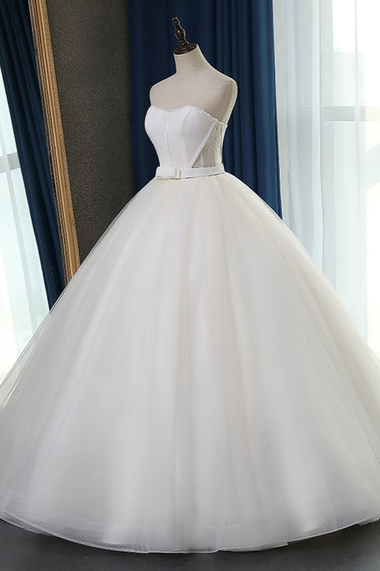 Sexy Strapless Sweetheart Wedding Dress Ball Gown Sleeveless White Tulle Bridal Gowns On Sale-27dress
