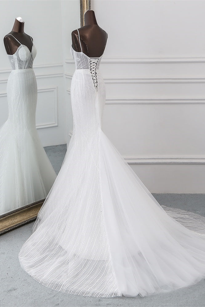 Load image into Gallery viewer, Sexy Tulle Spaghetti Straps Mermaid White Wedding Dresses with Rhinestones Online-27dress
