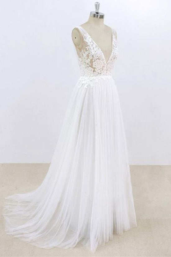 Load image into Gallery viewer, Sexy V-neck Sleeveless Straps Wedding Dresses White Tulle Ruffles Lace Bridal Gowns Online-27dress
