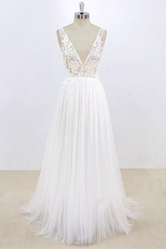 Load image into Gallery viewer, Sexy V-neck Sleeveless Straps Wedding Dresses White Tulle Ruffles Lace Bridal Gowns Online-27dress
