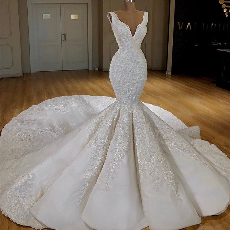 Load image into Gallery viewer, Sexy White Mermaid Ruffles Wedding Dresses Straps Sleeveless V-neck Bridal Gowns With Appliques Online-27dress
