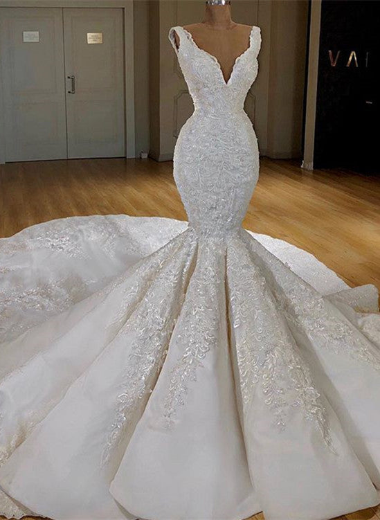 Load image into Gallery viewer, Sexy White Mermaid Ruffles Wedding Dresses Straps Sleeveless V-neck Bridal Gowns With Appliques Online-27dress
