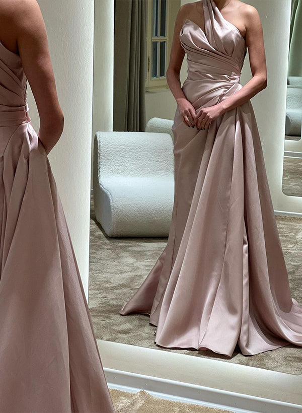 Load image into Gallery viewer, Sheath Column One-Shoulder Satin Prom Dress with Sleeveless and Sweep Train-27dress
