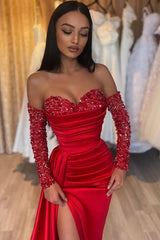 Sheath Sweetheart Strapless Paillette Split Side Prom Dresses with Chapel Train-27dress