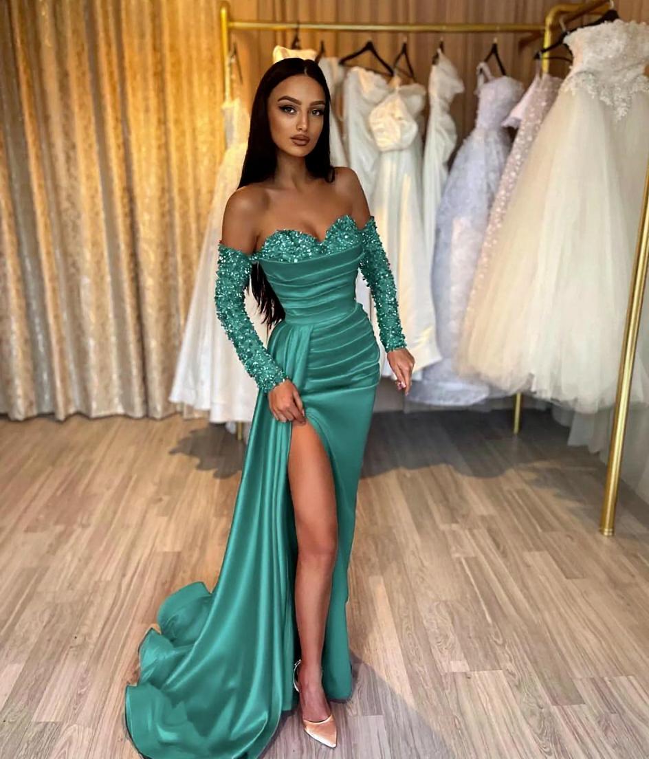 Sheath Sweetheart Strapless Paillette Split Side Prom Dresses with Chapel Train-27dress