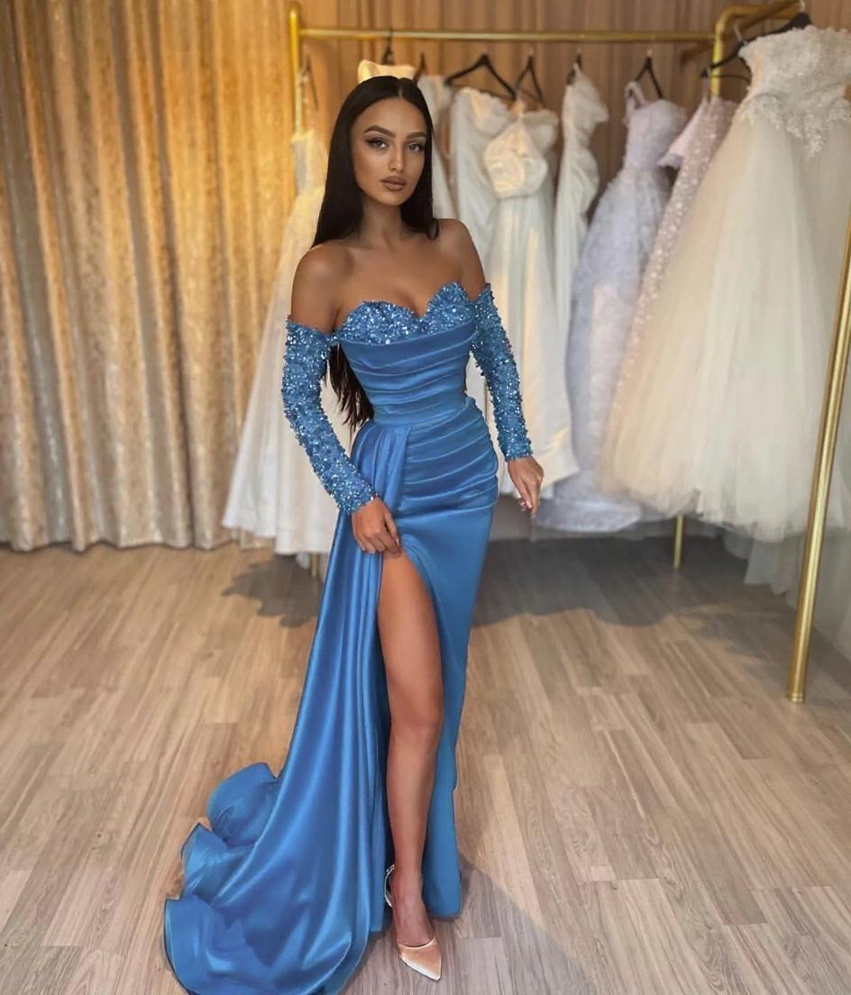 Sheath Sweetheart Strapless Paillette Split Side Prom Dresses with Chapel Train-27dress