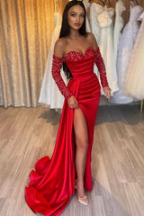 Sheath Sweetheart Strapless Paillette Split Side Prom Dresses with Chapel Train-27dress