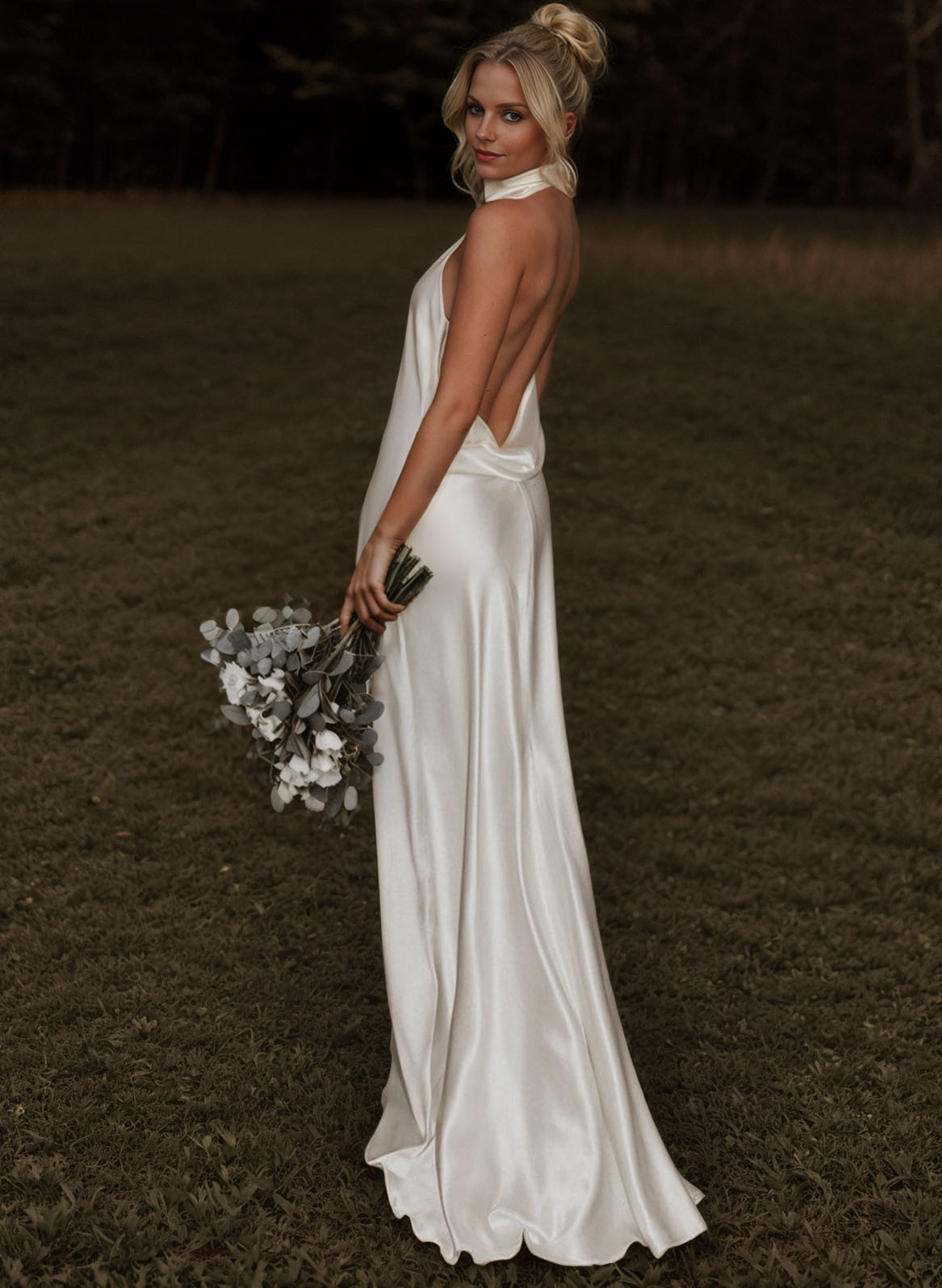 27dress elegant sheath wedding dress with halter neckline and open back in satin fabric